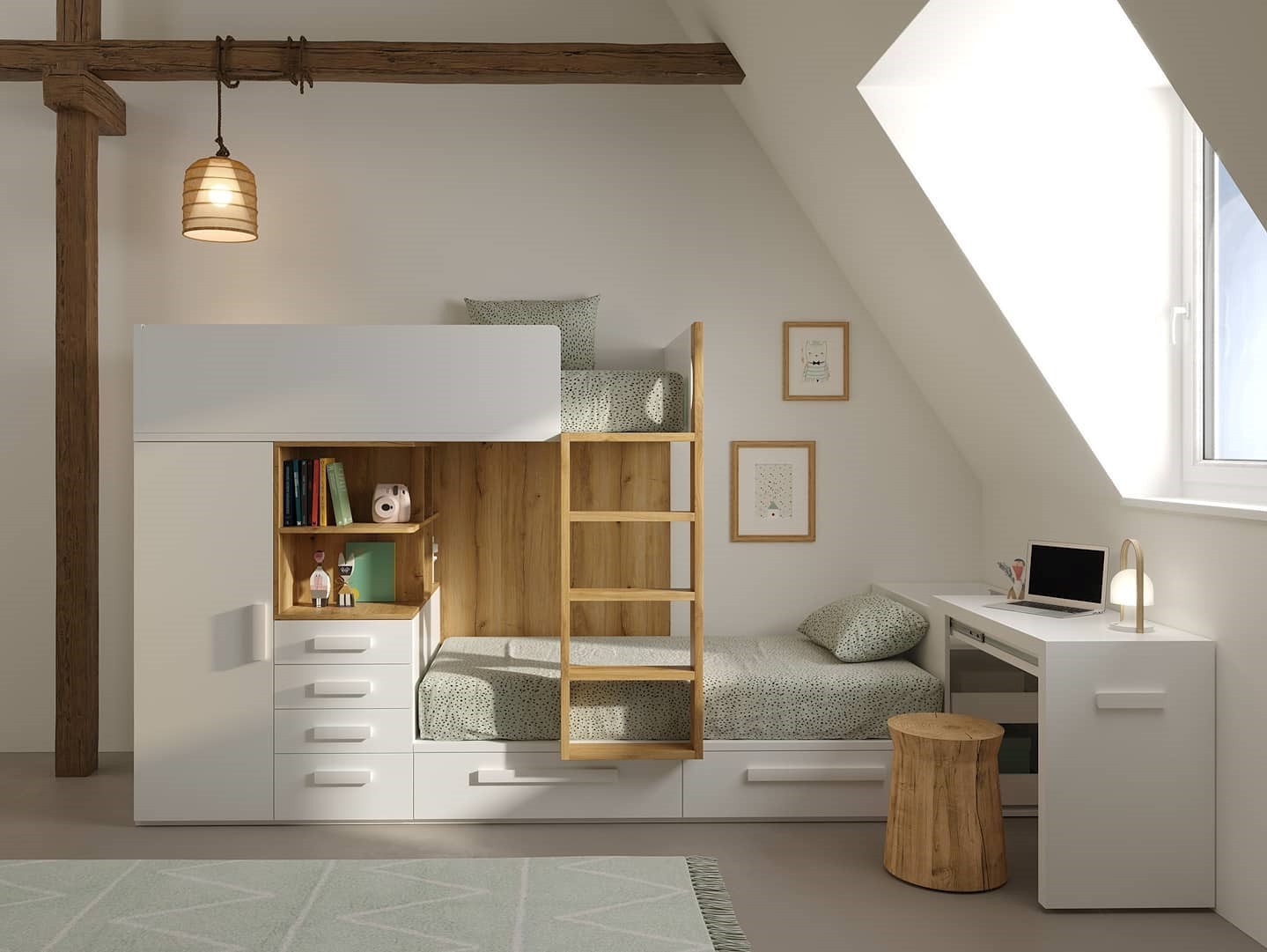 letto a soppalco bianco e legno per bambini