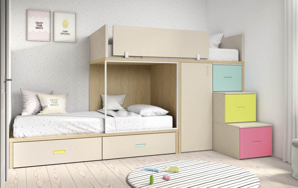 letto a soppalco beige e legno per bambini