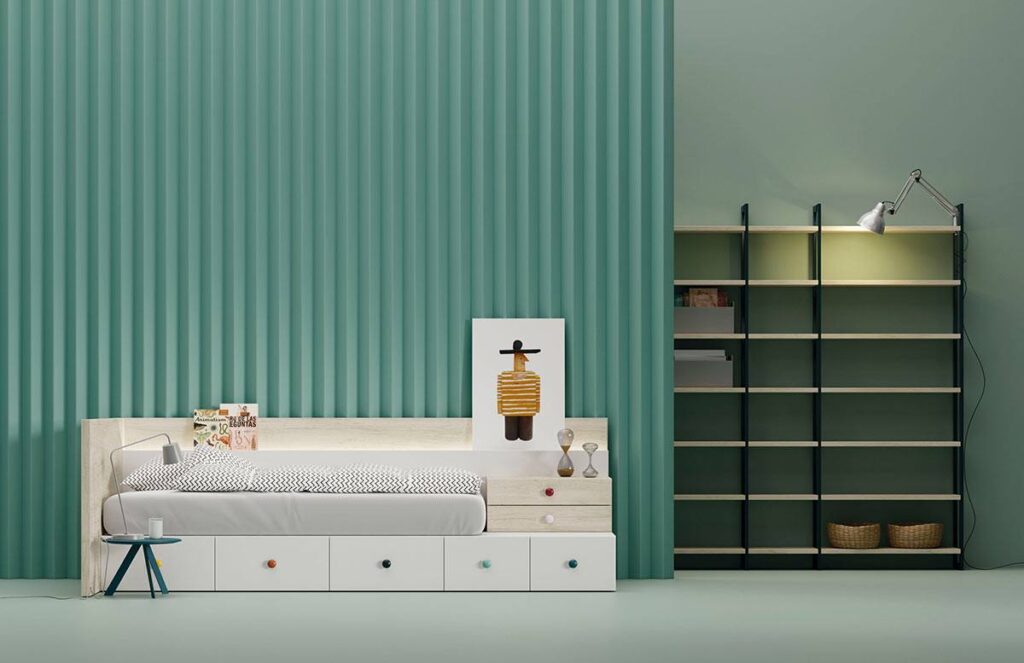 Letto con cassettoni bianco e legno chiaro