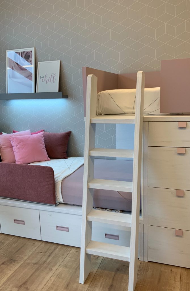 Letto soppalco legno e malva